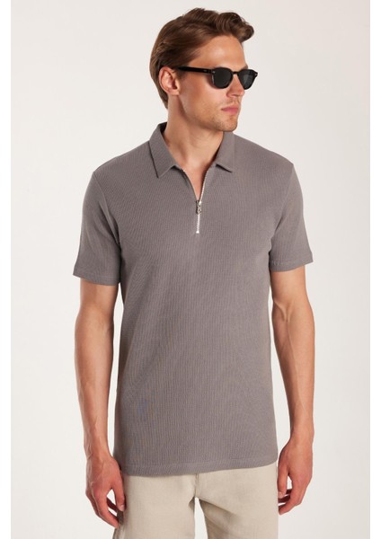 Erkek Slim Fit Dar Kesim %100 Pamuk Fermuarlı Gri Polo Yaka Tişört fiyatları