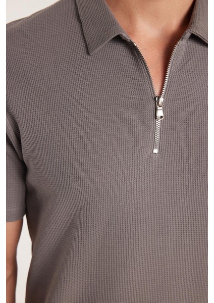Erkek Slim Fit Dar Kesim %100 Pamuk Fermuarlı Gri Polo Yaka Tişört modelleri
