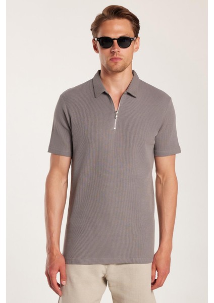 Erkek Slim Fit Dar Kesim %100 Pamuk Fermuarlı Gri Polo Yaka Tişört fırsatları