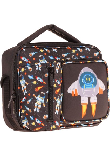 Erkek Çocuk, Siyah, Roket Baskılı Isı Yalıtımlı Üç Bölmeli (Matara Cepli) Okul Beslenme Çantası L7264