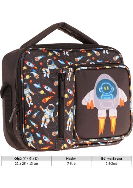 Erkek Çocuk, Siyah, Roket Baskılı Isı Yalıtımlı Üç Bölmeli (Matara Cepli) Okul Beslenme Çantası L7264 modelleri