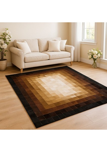 %100 Doğal Dana Derisi Kaymaz Taban Premium Patchwork Halı - Kahverengi Gold Siyah