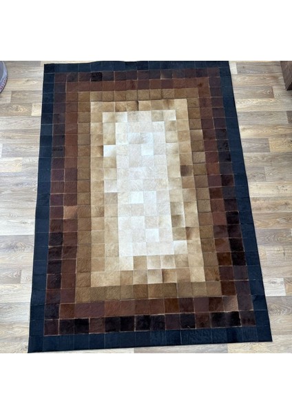 %100 Doğal Dana Derisi Kaymaz Taban Premium Patchwork Halı - Kahverengi Gold Siyah fırsatları