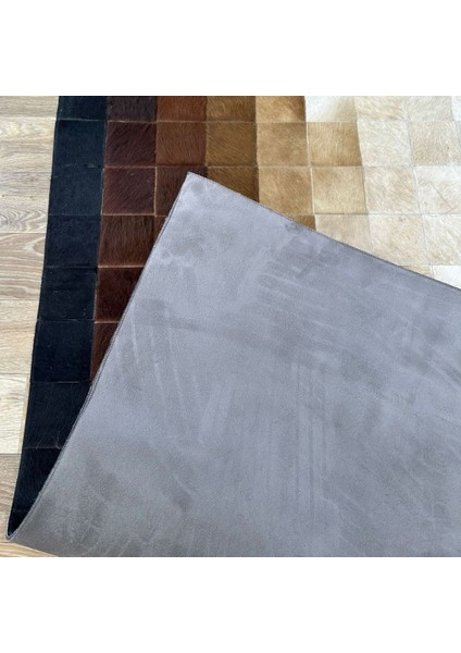 %100 Doğal Dana Derisi Kaymaz Taban Premium Patchwork Halı - Kahverengi Gold Siyah indirimleri