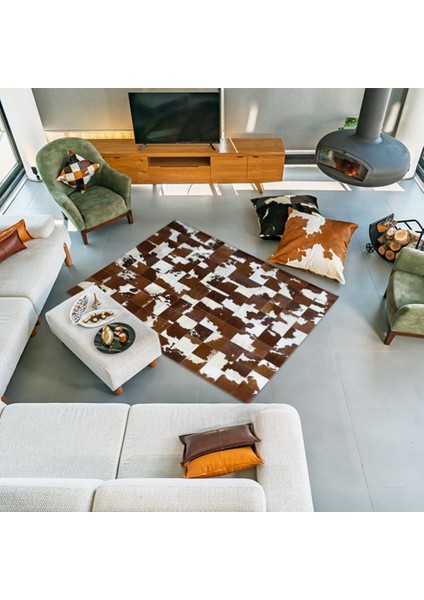 %100 Doğal Dana Derisi Kaymaz Taban Premium Patchwork Halı - Kahverengi - Beyaz