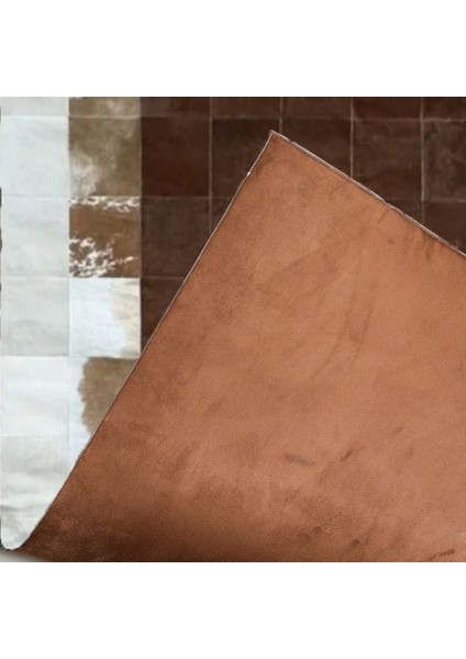%100 Doğal Dana Derisi Kaymaz Taban Premium Patchwork Halı - Kahverengi - Beyaz modelleri