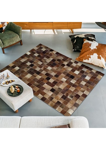 %100 Doğal Dana Derisi Kaymaz Taban Premium Patchwork Halı - Kahverengi - Beyaz
