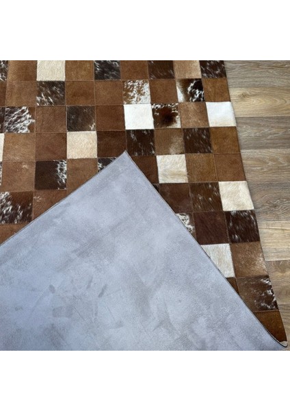 %100 Doğal Dana Derisi Kaymaz Taban Premium Patchwork Halı - Kahverengi - Beyaz fiyatları