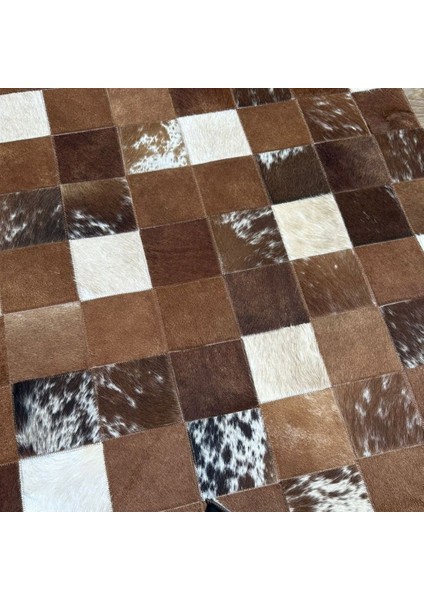 %100 Doğal Dana Derisi Kaymaz Taban Premium Patchwork Halı - Kahverengi - Beyaz fırsatları