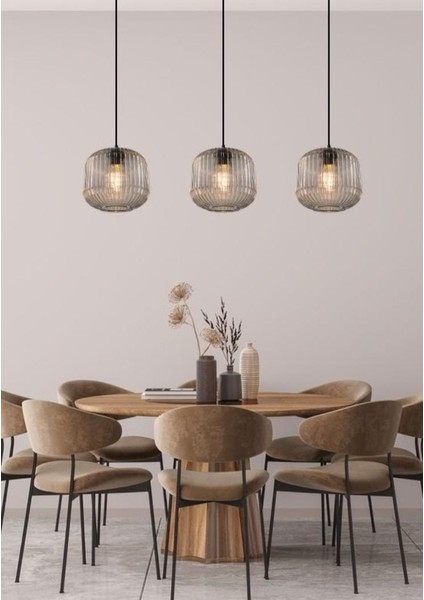 Mylights Üçlü Mat Siyah Camlı Avize Modern Spor Avize 100 cm Kasa