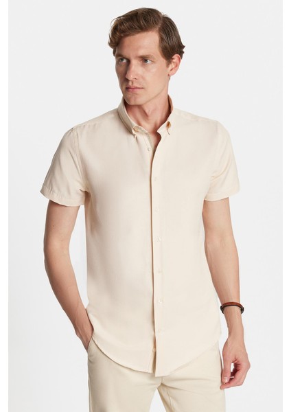 Erkek Slim Fit Dar Kesim Kısa Kollu Spor Yaka Oxford Doku Pamuklu bej Gömlek