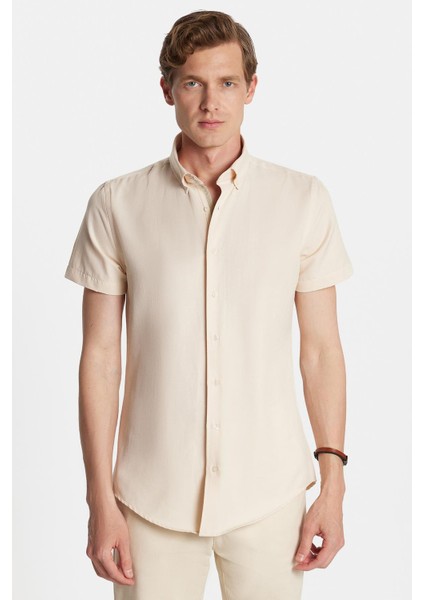 Erkek Slim Fit Dar Kesim Kısa Kollu Spor Yaka Oxford Doku Pamuklu bej Gömlek fırsatları