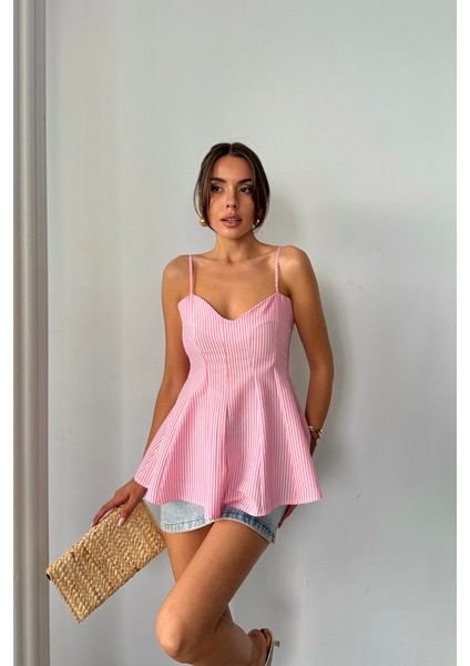 Çizgili Gofre Askılı Pens Detaylı Bluz - Pembe