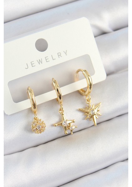Pirinç Zirkon Taşlı Yıldız Model Gold Renk 3'lü Çift Kadın Küpe Set