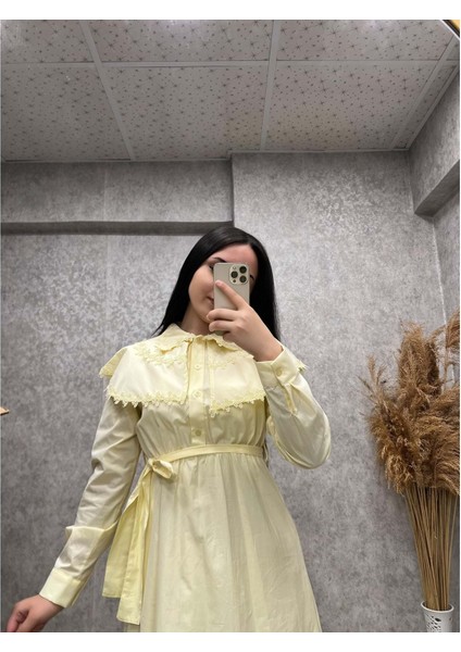 25Y130023 Elbise Bebe Yaka Dantel Işlemeli Yarım Düğme Kapama - Aynaz - 25Y130023 - Sarı - 38 fiyatları
