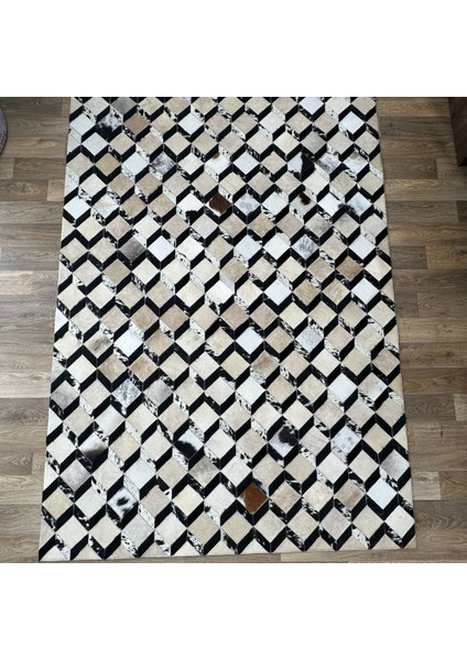 %100 Doğal Dana Derisi Kaymaz Taban Premium Patchwork Halı 3 Boyutlu - Siyah Gold