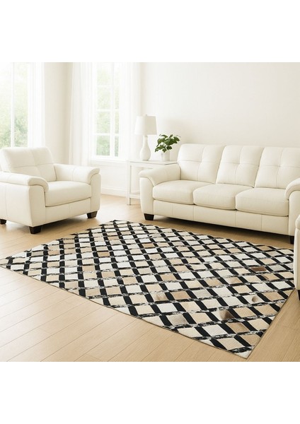 %100 Doğal Dana Derisi Kaymaz Taban Premium Patchwork Halı 3 Boyutlu - Siyah Gold fiyatları