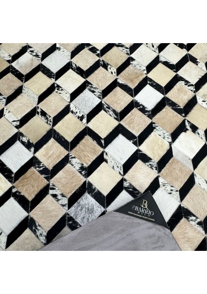 %100 Doğal Dana Derisi Kaymaz Taban Premium Patchwork Halı 3 Boyutlu - Siyah Gold modelleri