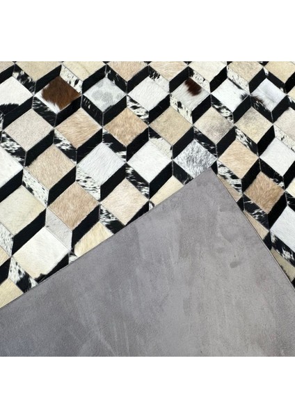 %100 Doğal Dana Derisi Kaymaz Taban Premium Patchwork Halı 3 Boyutlu - Siyah Gold fırsatları