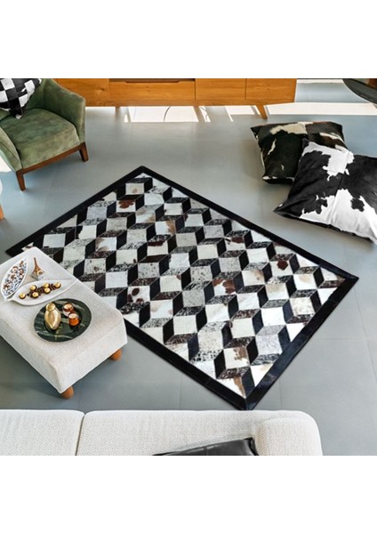 %100 Doğal Dana Derisi Kaymaz Taban Premium Patchwork Halı 3 Boyutlu - Siyah Gold indirimleri