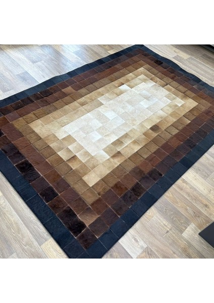 %100 Doğal Dana Derisi Kaymaz Taban Premium Patchwork Halı - Kahverengi Gold Siyah modelleri