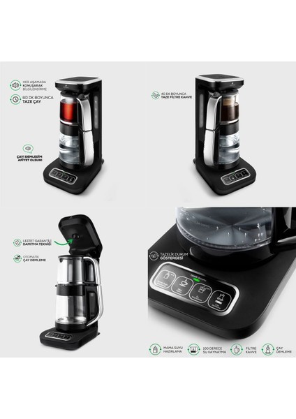 Premium 4 In 1 Konuşan Cam Çay ve Filtre Kahve Makinesi Chrome 2500W fiyatları