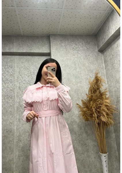 25Y130023 Elbise Bebe Yaka Dantel Işlemeli Yarım Düğme Kapama - Aynaz - 25Y130023 - Pembe - 36 fiyatları