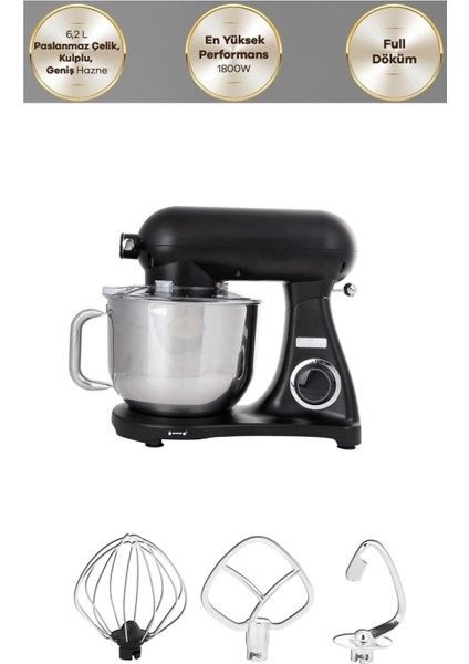 Paslanmaz Çelik Hazneli Döküm Stand Mikser Black Mutfak Şefi 1800W 6,2 Lt