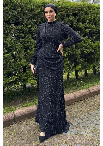 25Y4696 Elbise Abiye Komple Taşlı Kolları Tüy Detay - Tane - 25Y4696 - Lacı - 42
