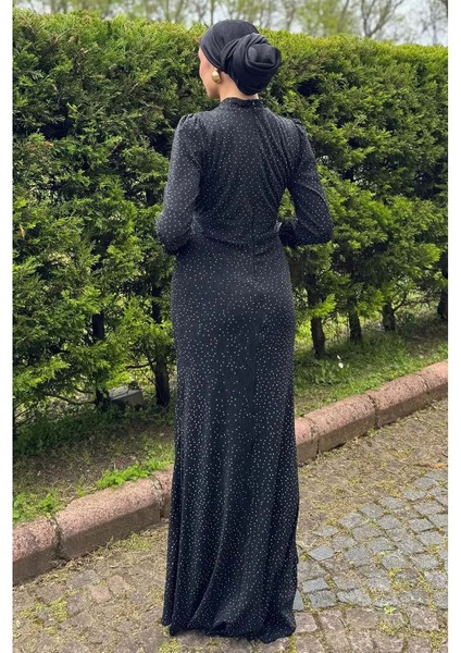 25Y4696 Elbise Abiye Komple Taşlı Kolları Tüy Detay - Tane - 25Y4696 - Lacı - 42