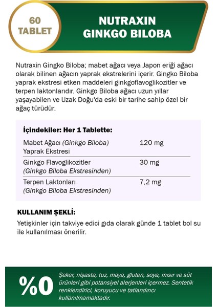 Nutraxin Ginkgo Biloba 60 Tablet fiyatları