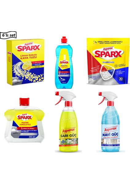 Sparx Bulaşık Makinesi Tuzu 1.5 Kg-Parlatıcısı-Tableti-Makine Temizleyicisi+Yağ Çözücü ve Kireç Sökücü(6’lı Set)