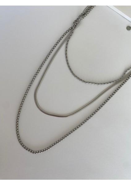 Çelik Üçlü Uzun Zincir Silver Kolye modelleri