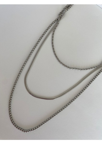 Çelik Üçlü Uzun Zincir Silver Kolye fırsatları