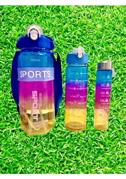 Sports Renkli Akrilik Spor 3lü Motivasyon Suluk Matara 3ADET 2000ML 900ML 350ML