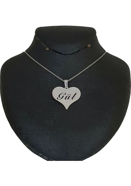 Gül İsmine Özel 925 Ayar Gümüş Plakalı Zincirli Kalp Motifli Hediyelik Kolye-456 İsim