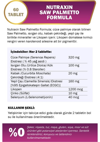 Nutraxin Saw Palmetto Formula 60 Tablet fiyatları