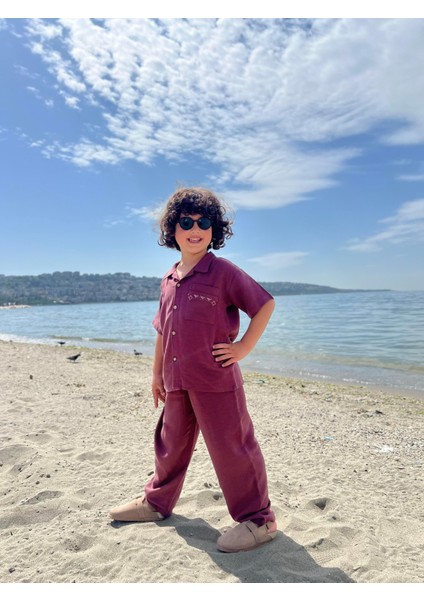 Cebi Nakışlı Gömlek Pantolon Keten Takım 2-7 Yaş Mürdüm