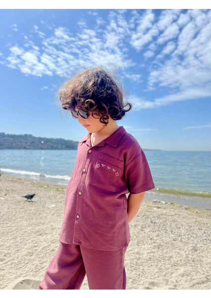 Cebi Nakışlı Gömlek Pantolon Keten Takım 2-7 Yaş Mürdüm fiyatları
