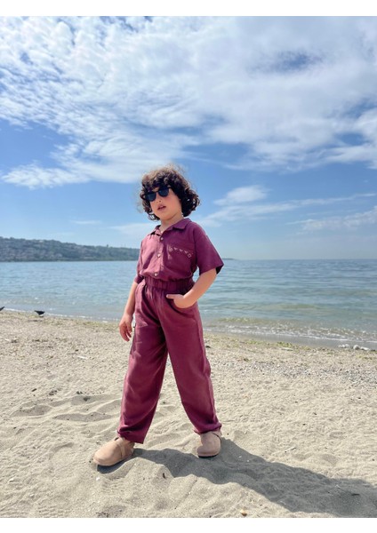 Cebi Nakışlı Gömlek Pantolon Keten Takım 2-7 Yaş Mürdüm modelleri