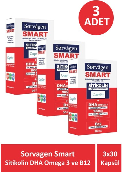 Sorvagen Smart Sitikolin Dha Omega 3 ve B12 30 Kapsül 3 Adet