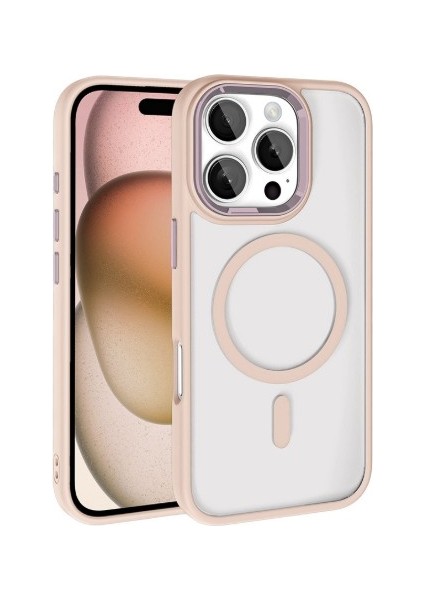 Apple iPhone 16 Pro Max Kılıf Wireless Şarj Özellikli Iktk Krom Magsafe Silikon Kapak-Rose Gold