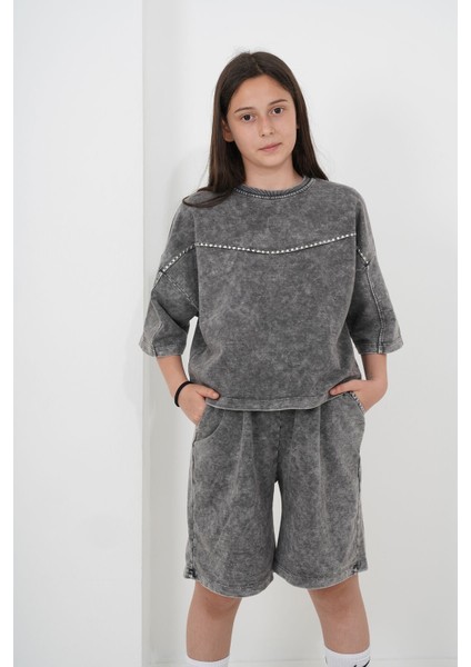 Kız Çocuk Oversize Yıkamalı Iki Iplik Kumaş Şortlu Takım