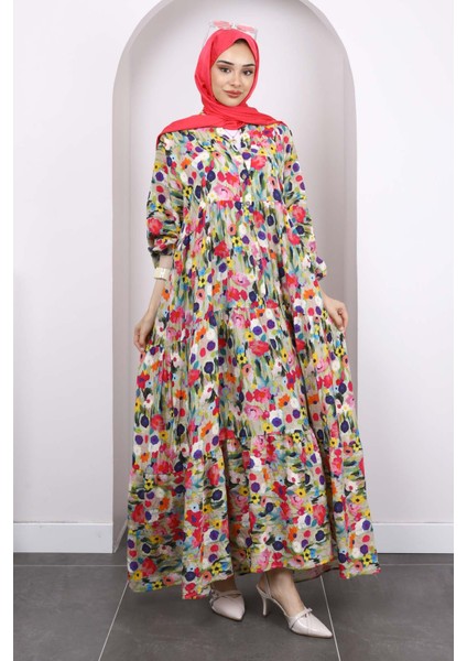 Haki Yarım Düğmeli Eteği Katlı Elbise