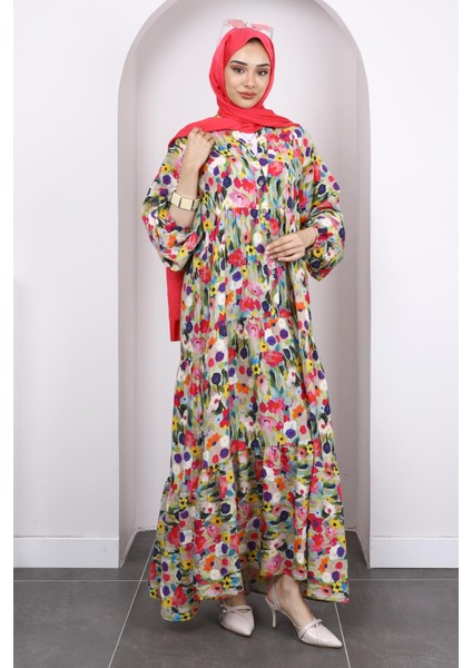 Haki Yarım Düğmeli Eteği Katlı Elbise fiyatları