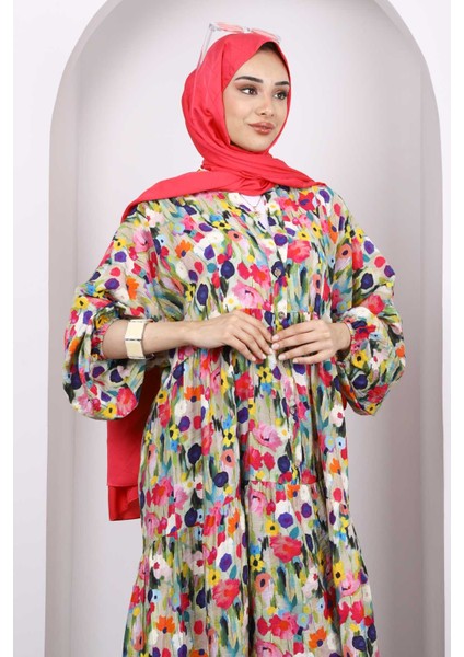 Haki Yarım Düğmeli Eteği Katlı Elbise modelleri