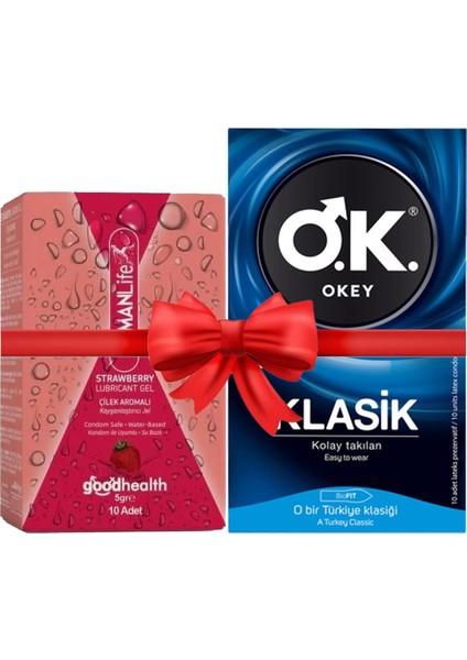Asfstore Okey Prezervatif Klasik 10'lu + Humanlife 5 gr x 10 Çilek Aromalı Jel Lubricant