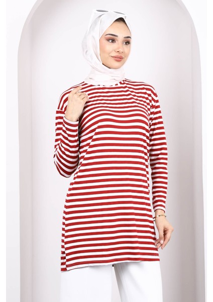 Bordo Çizgili Uzun Kol Tunik modelleri
