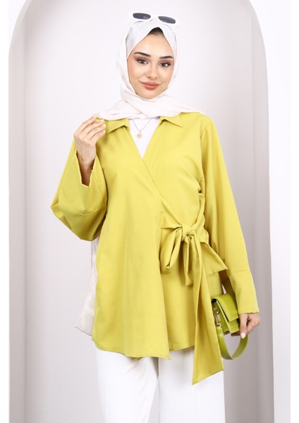 Yağ Yeşili Yan Bağlamalı Kimono modelleri