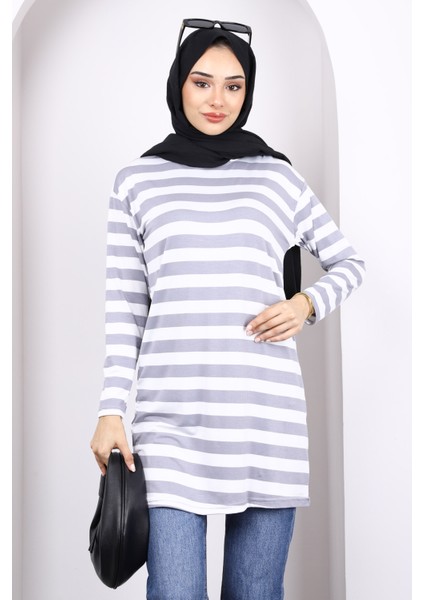 Gri Çizgili Uzun Kol Tunik